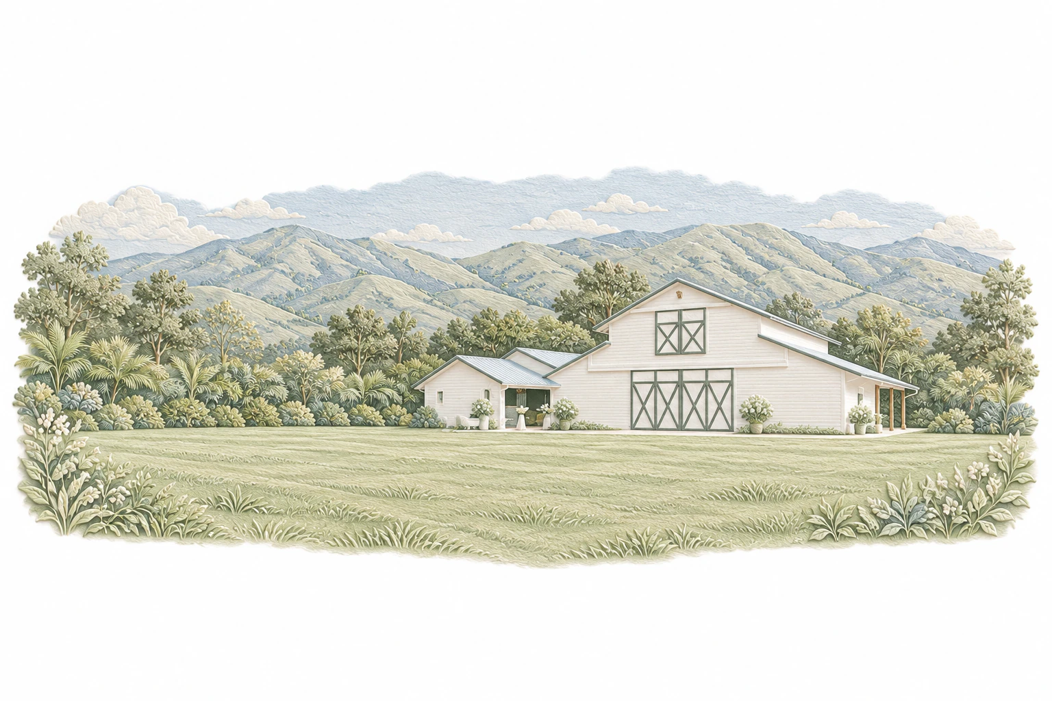 白色穀倉、草地與山景的浮雕紙藝插畫